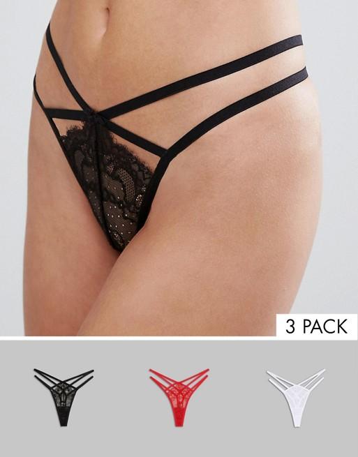 3 Pack Strappy Thong With Eyelash Lace
