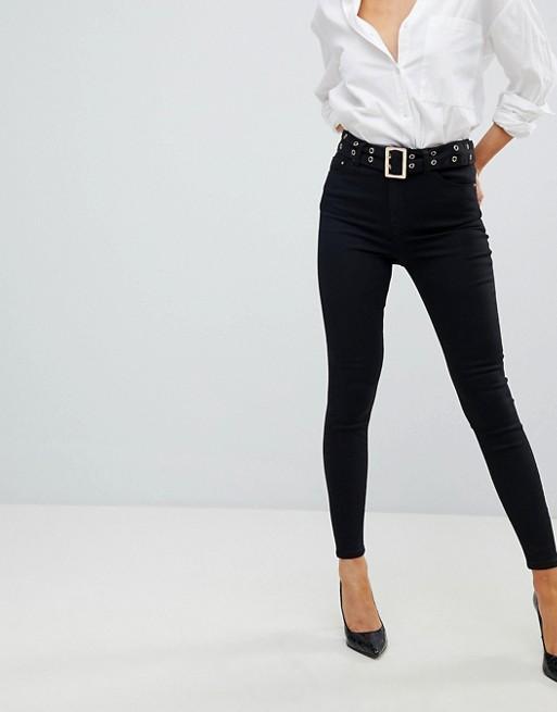 High Waist Skinny Jeans in Clean Black With Extended Belt Detail and Back Seam