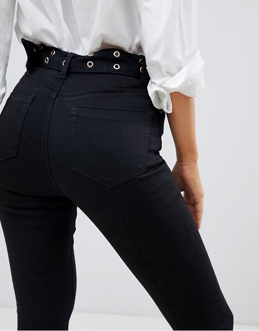 High Waist Skinny Jeans in Clean Black With Extended Belt Detail and Back Seam